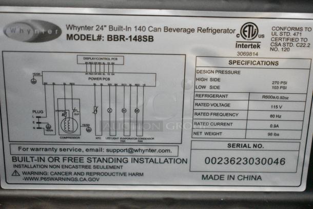 BRAND NEW SCRATCH AND DENT! Whynter BBR-148SB 24 inch Built-In 140 Can Undercounter Stainless Steel Beverage Refrigerator. 115 Volts, 1 Phase. Tested and Working! - Image 8 of 9