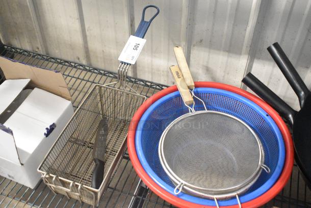 6 Various Items Including 2 Strainers, 2 Colanders, Fry Basket and Knife. 6 Times Your Bid! - Image 1 of 3