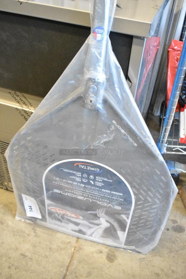 BRAND NEW SCRATCH AND DENT! E-45RF/60 GI Metal Evoluzione 18" Anodized Aluminum Square Perforated Pizza Peel with 23 1/2" Handle - Image 2 of 4