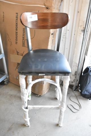 2 BRAND NEW SCRATCH AND DENT! Black Metal Bar Height Chairs w/ Wooden Back Rest and Black Seat Cushion. 2 Times Your Bid!