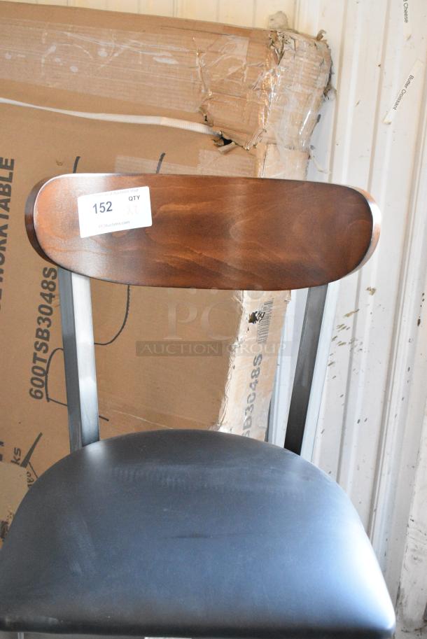 2 BRAND NEW SCRATCH AND DENT! Black Metal Bar Height Chairs w/ Wooden Back Rest and Black Seat Cushion. 2 Times Your Bid! - Image 3 of 4