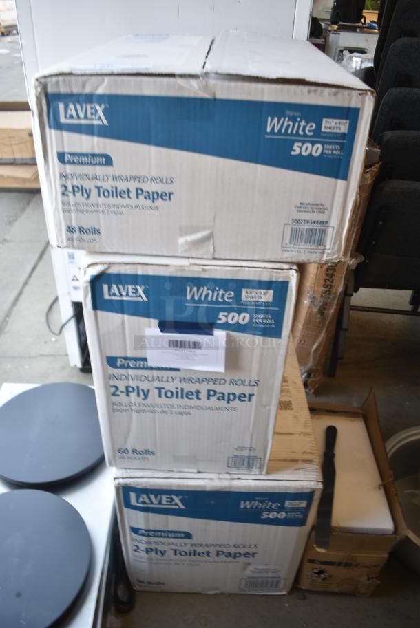 3 BRAND NEW SCRATCH AND DENT! Lavex 5002TP3X448P Premium 3 1/2" x 4 1/2" Individually Wrapped 2-Ply Standard 500 Sheet Toilet Paper Roll - 48/Case. 3 Times Your Bid! - Image 1 of 6