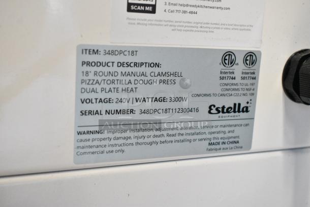 BRAND NEW SCRATCH AND DENT! Estella 348DPC18T Metal Commercial Countertop 18" Dual-Heat Manual Clamshell Pizza / Tortilla Dough Press. 240 Volts, 1 Phase. - Image 7 of 7