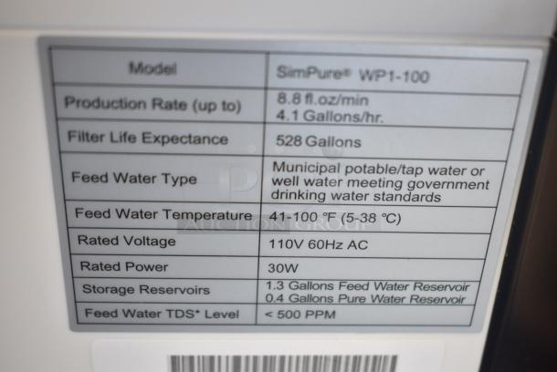 SimPure WP1-100 Countertop Reverse Osmosis Water Filter System Dispenser. 110 Volts, 1 Phase. - Image 6 of 8