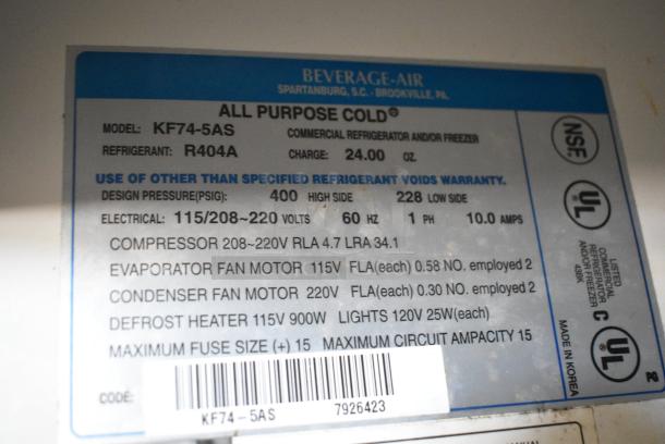 Beverage Air KF74-5AS Stainless Steel Commercial 3 Door Reach In Freezer on Commercial Casters. 115/208-230 Volts, 1 Phase. - Image 11 of 12