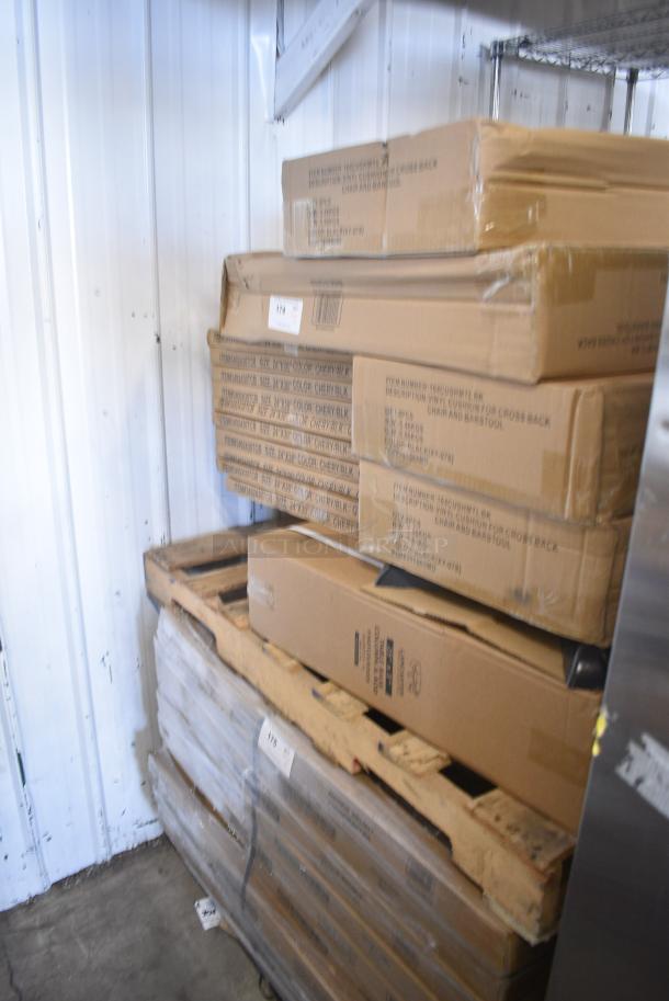 16 BRAND NEW SCRATCH AND DENT! Items Including 10 3492430TCB Lancaster Table & Seating 24" x 30" Laminated Rectangular Table Top Reversible Cherry / Black, 3 Boxes of 164CUSHMTLBK Lancaster Table & Seating 2 1/2" Black Vinyl Padded Seat for Metal Frame Seating, 164TCOLROD25 Lancaster Table & Seating 25 3/16" Standard Height Table Base Column and Rod. 16 Times Your Bid! - Image 2 of 9