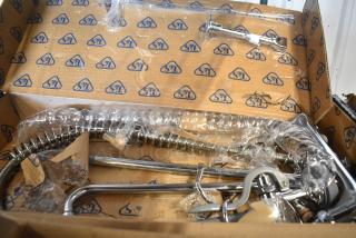 BRAND NEW SCRATCH AND DENT! 510B133AF12B T&S B-0133-ADF12-B EasyInstall Wall Mounted 37 9/16" High Pre-Rinse Faucet with Adjustable 8" Centers, 1.15 GPM Spray Valve, 44" Hose, 12" Add-On Faucet, and 6" Wall Bracket