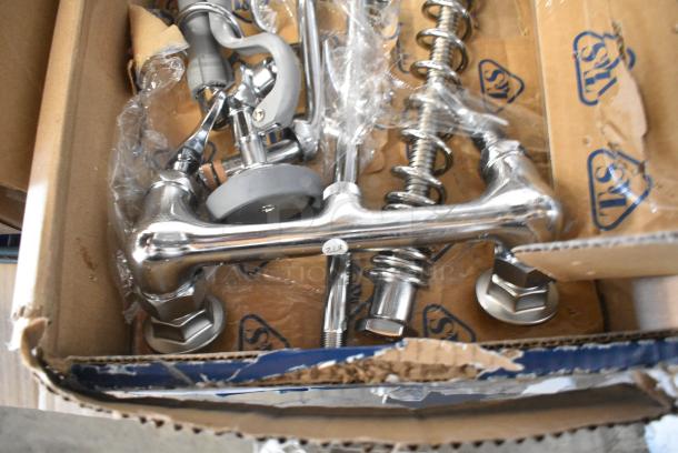 BRAND NEW SCRATCH AND DENT! 510B133AF12B T&S B-0133-ADF12-B EasyInstall Wall Mounted 37 9/16" High Pre-Rinse Faucet with Adjustable 8" Centers, 1.15 GPM Spray Valve, 44" Hose, 12" Add-On Faucet, and 6" Wall Bracket - Image 2 of 6