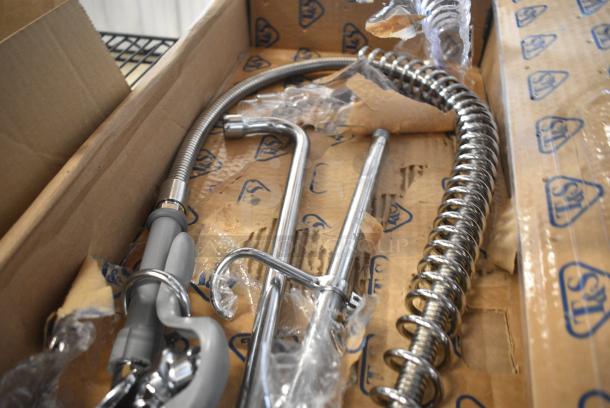 BRAND NEW SCRATCH AND DENT! 510B133AF12B T&S B-0133-ADF12-B EasyInstall Wall Mounted 37 9/16" High Pre-Rinse Faucet with Adjustable 8" Centers, 1.15 GPM Spray Valve, 44" Hose, 12" Add-On Faucet, and 6" Wall Bracket - Image 4 of 6