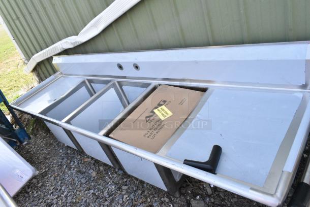 BRAND NEW SCRATCH AND DENT! Regency 600S31824224 94" 16 Gauge Stainless Steel Three Compartment Commercial Sink with Galvanized Steel Legs and 2 Drainboards - 18" x 24" x 14" Bowls - Image 1 of 9