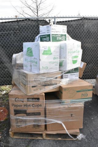 27 BRAND NEW SCRATCH AND DENT! Items Including 760SOUP16WPA Choice 16 oz. White Double Poly-Coated Paper Food Cup with Vented Paper Lid - 250/Case, 347RP10WHSLV Visions 10" White Plastic Plate with Silver Lattice Design - 120/Case, 433NHT101H Choice 1/6 Standard Size White "Thank You" Medium-Duty Plastic T-Shirt Bag - 1,000/Case, 394365L Noble Products Powder-Free Disposable Clear Vinyl Gloves for Foodservice - Large - 1000/Case, 395TO991 EcoChoice 9" x 9" x 3" Compostable No PFAS Added Bamboo / Bagasse 1 Compartment Take-Out Box - 200/Case, 24514104WBKBL Baker's Lane 14" x 10" x 4" Kraft Customizable Quarter Sheet Auto-Popup Window Cake / Bakery Box - 100/Bundle, 612FS4255HD Choice Half Size Heavy-Duty Foil Steam Table Pan Medium 2 3/16" Depth - 100/Case, 50016C Choice 16 oz. Coffee Print Poly Paper Hot Cup - 1,000/Case, 500LFLAT32 Choice Clear Plastic Flat Lid with Straw Slot - 32 oz. - 500/Case, VacPak-It 186CVB1010 10" x 10" Chamber Vacuum Packaging Pouches / Bags 3 Mil - 1,000/Case, 130TONG9HDBK Visions 9" Individually Wrapped Extra Heavy-Duty Black Disposable Polypropylene Tongs - 24/Case, 760DOMELID16 Choice 12-22 oz. Translucent Cold Cup Dome Lid with Opening - 1000/Case. 27 Times Your Bid!