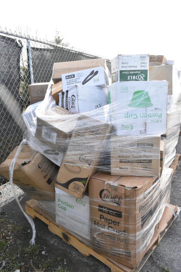 27 BRAND NEW SCRATCH AND DENT! Items Including 760SOUP16WPA Choice 16 oz. White Double Poly-Coated Paper Food Cup with Vented Paper Lid - 250/Case, 347RP10WHSLV Visions 10" White Plastic Plate with Silver Lattice Design - 120/Case, 433NHT101H Choice 1/6 Standard Size White "Thank You" Medium-Duty Plastic T-Shirt Bag - 1,000/Case, 394365L Noble Products Powder-Free Disposable Clear Vinyl Gloves for Foodservice - Large - 1000/Case, 395TO991 EcoChoice 9" x 9" x 3" Compostable No PFAS Added Bamboo / Bagasse 1 Compartment Take-Out Box - 200/Case, 24514104WBKBL Baker's Lane 14" x 10" x 4" Kraft Customizable Quarter Sheet Auto-Popup Window Cake / Bakery Box - 100/Bundle, 612FS4255HD Choice Half Size Heavy-Duty Foil Steam Table Pan Medium 2 3/16" Depth - 100/Case, 50016C Choice 16 oz. Coffee Print Poly Paper Hot Cup - 1,000/Case, 500LFLAT32 Choice Clear Plastic Flat Lid with Straw Slot - 32 oz. - 500/Case, VacPak-It 186CVB1010 10" x 10" Chamber Vacuum Packaging Pouches / Bags 3 Mil - 1,000/Case, 130TONG9HDBK Visions 9" Individually Wrapped Extra Heavy-Duty Black Disposable Polypropylene Tongs - 24/Case, 760DOMELID16 Choice 12-22 oz. Translucent Cold Cup Dome Lid with Opening - 1000/Case. 27 Times Your Bid! - Image 2 of 20