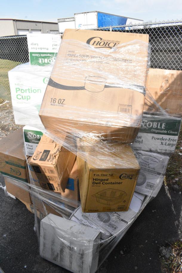 27 BRAND NEW SCRATCH AND DENT! Items Including 760SOUP16WPA Choice 16 oz. White Double Poly-Coated Paper Food Cup with Vented Paper Lid - 250/Case, 347RP10WHSLV Visions 10" White Plastic Plate with Silver Lattice Design - 120/Case, 433NHT101H Choice 1/6 Standard Size White "Thank You" Medium-Duty Plastic T-Shirt Bag - 1,000/Case, 394365L Noble Products Powder-Free Disposable Clear Vinyl Gloves for Foodservice - Large - 1000/Case, 395TO991 EcoChoice 9" x 9" x 3" Compostable No PFAS Added Bamboo / Bagasse 1 Compartment Take-Out Box - 200/Case, 24514104WBKBL Baker's Lane 14" x 10" x 4" Kraft Customizable Quarter Sheet Auto-Popup Window Cake / Bakery Box - 100/Bundle, 612FS4255HD Choice Half Size Heavy-Duty Foil Steam Table Pan Medium 2 3/16" Depth - 100/Case, 50016C Choice 16 oz. Coffee Print Poly Paper Hot Cup - 1,000/Case, 500LFLAT32 Choice Clear Plastic Flat Lid with Straw Slot - 32 oz. - 500/Case, VacPak-It 186CVB1010 10" x 10" Chamber Vacuum Packaging Pouches / Bags 3 Mil - 1,000/Case, 130TONG9HDBK Visions 9" Individually Wrapped Extra Heavy-Duty Black Disposable Polypropylene Tongs - 24/Case, 760DOMELID16 Choice 12-22 oz. Translucent Cold Cup Dome Lid with Opening - 1000/Case. 27 Times Your Bid! - Image 4 of 20