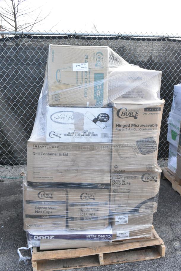 33 BRAND NEW SCRATCH AND DENT! Items Including 394325M Noble NexGen Powder-Free Disposable Blue Hybrid 3 Mil Thick Gloves - Medium - 1000/Case, 433BR4BGC Choice 4 lb. Natural Kraft Paper Bag - 500/Case, 500CC12 Choice Clear PET Customizable Plastic Cold Cup - 12 oz. - 1,000/Case, Dart DWTG20ST ThermoGuard 20 oz. Double Wall Insulated Steam Print Paper Hot Cup, 130WBKSPOONH Choice Black Heavy Weight Wrapped Polystyrene Plastic Teaspoon - 1,000/Case, 500CC12PLA EcoChoice 12 oz. PLA Compostable Plastic Cold Cup - 1,000/Case, 130ROLLKFSSV Visions 17" x 17" Pre-Rolled Linen-Feel White Napkin and Silver Heavy Weight Plastic Cutlery Set - 100/Case, 5008RIPKRPE Choice 8 oz. Squat Double Wall Ripple Kraft Paper Hot Cup - 500/Case, 500TO993 Choice 9" x 9" x 3" Microwavable 1-Compartment Black / Clear Plastic Hinged Container - 100/Case, 500CC16HW Choice Heavy Weight 16 oz. Clear Plastic Cold Cup - 1,000/Case. 33 Times Your Bid! - Image 1 of 22