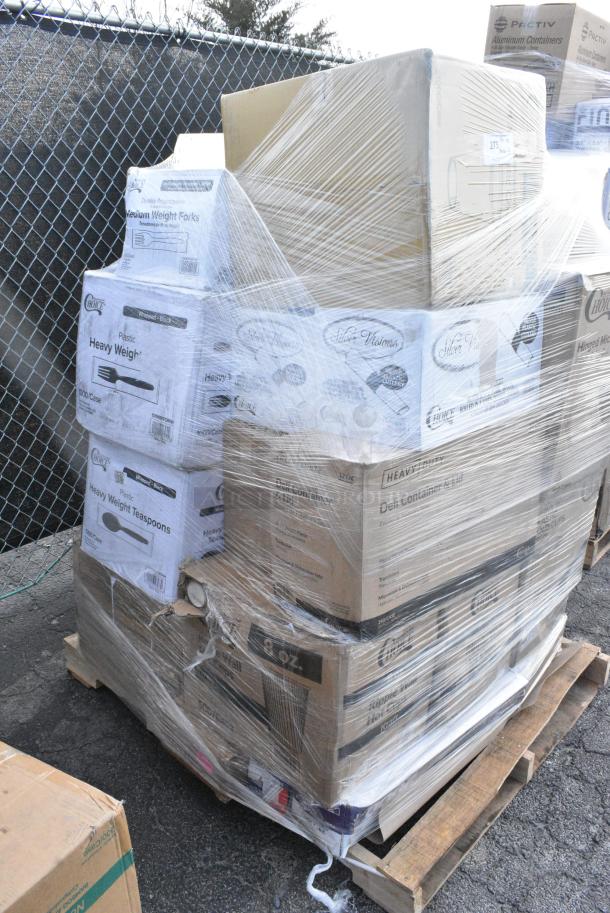 33 BRAND NEW SCRATCH AND DENT! Items Including 394325M Noble NexGen Powder-Free Disposable Blue Hybrid 3 Mil Thick Gloves - Medium - 1000/Case, 433BR4BGC Choice 4 lb. Natural Kraft Paper Bag - 500/Case, 500CC12 Choice Clear PET Customizable Plastic Cold Cup - 12 oz. - 1,000/Case, Dart DWTG20ST ThermoGuard 20 oz. Double Wall Insulated Steam Print Paper Hot Cup, 130WBKSPOONH Choice Black Heavy Weight Wrapped Polystyrene Plastic Teaspoon - 1,000/Case, 500CC12PLA EcoChoice 12 oz. PLA Compostable Plastic Cold Cup - 1,000/Case, 130ROLLKFSSV Visions 17" x 17" Pre-Rolled Linen-Feel White Napkin and Silver Heavy Weight Plastic Cutlery Set - 100/Case, 5008RIPKRPE Choice 8 oz. Squat Double Wall Ripple Kraft Paper Hot Cup - 500/Case, 500TO993 Choice 9" x 9" x 3" Microwavable 1-Compartment Black / Clear Plastic Hinged Container - 100/Case, 500CC16HW Choice Heavy Weight 16 oz. Clear Plastic Cold Cup - 1,000/Case. 33 Times Your Bid! - Image 2 of 22