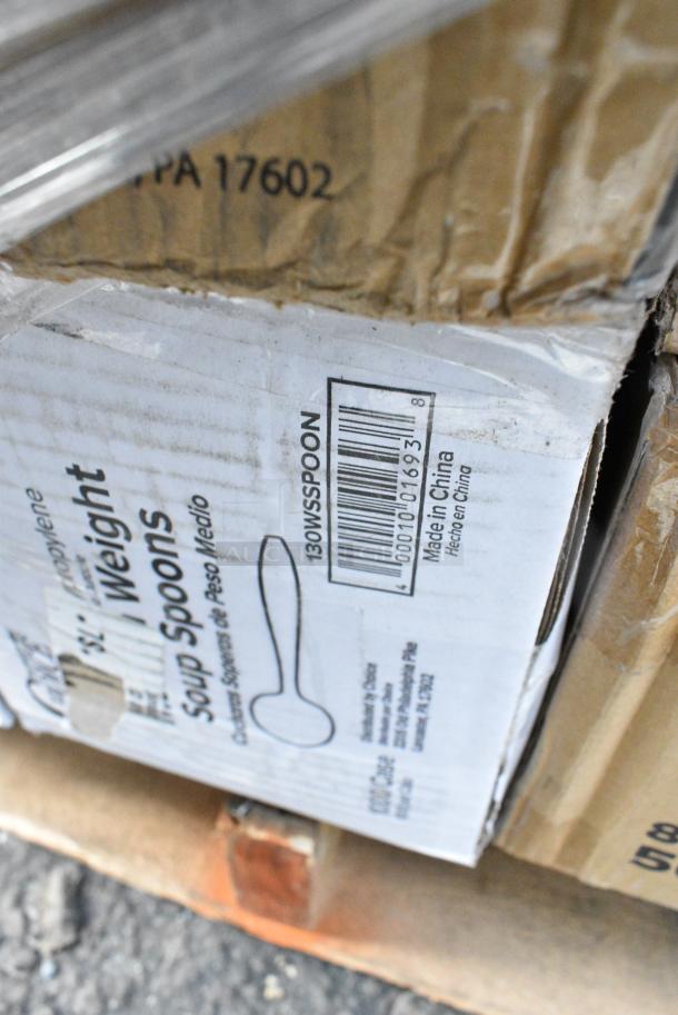 29 BRAND NEW SCRATCH AND DENT! Items Including 130WSSPOON Choice Medium Weight White Polypropylene Plastic Soup Spoon - 1,000/Case, 795PTOBK3 Choice 7 3/4" x 5 1/2" x 2 1/2" Black Microwavable Folded Paper #3 Take-Out Container - 200/Case, 500TW7 Choice 7 oz. Translucent Thin Wall Plastic Cold Cup - 2,500/Case, 612POB225LB Choice Oblong Clear Plastic Dome Lid for 2.25 lb. & 1.5 lb. Shallow Foil Take-Out Container - 500/Case, 795PTOWHT4 Choice White Microwavable Folded Paper #4 Take-Out Container 7 3/4" x 5 1/2" x 3 1/2" - 160/Case, 5008RIPKRPE Choice 8 oz. Squat Double Wall Ripple Kraft Paper Hot Cup - 500/Case, Ice Bags, Dart 60HT1 White Foam Hinged Lid Container 6" x 6" x 3" - 500/Case, 500CC16 Choice Clear PET Customizable Plastic Cold Cup - 16 oz. - 1,000/Case. 29 Times Your Bid! - Image 9 of 22