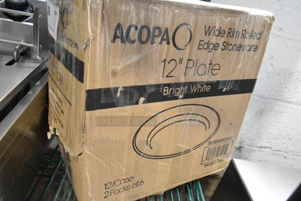 BRAND NEW SCRATCH AND DENT! Box of 12 Acopa 303BWREP12 12" Bright White Wide Rim Rolled Edge Stoneware Plate - Image 1 of 3