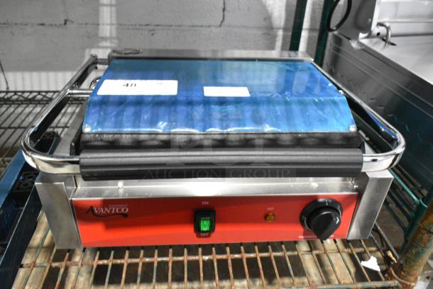 BRAND NEW SCRATCH AND DENT! 2024 Avantco 177PG200S Commercial Panini Sandwich Grill with Smooth Plates and 13 3/8" x 8 3/4" Cooking Surface. 120 Volts, 1 Phase. Tested and Working! - Image 1 of 5
