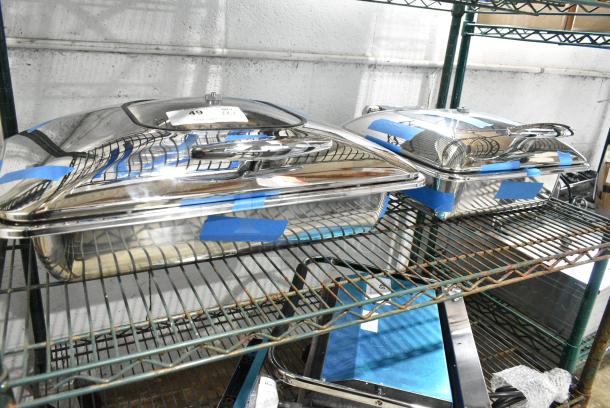 2 BRAND NEW SCRATCH AND DENT! Items; 407IND23CHAF Acopa Voyage 5 Qt. 2/3 Size Stainless Steel Induction Chafer with Glass Top and Soft-Close Lid and 407IND8CHAF Acopa Voyage 8 Qt. Full Size Stainless Steel Induction Chafer with Glass Top and Soft-Close Lid . 2 Times Your Bid! - Image 1 of 4