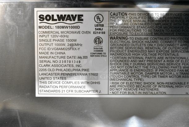 2023 Solwave 180MW1000D Stainless Steel Commercial Countertop Microwave Oven. 120 Volts, 1 Phase. - Image 4 of 5