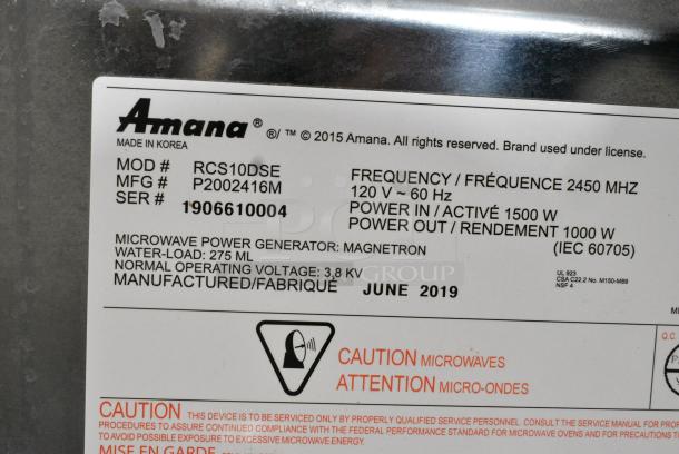 2019 Amana RCS10DSE Stainless Steel Commercial Countertop Microwave Oven. 120 Volts, 1 Phase. - Image 3 of 4