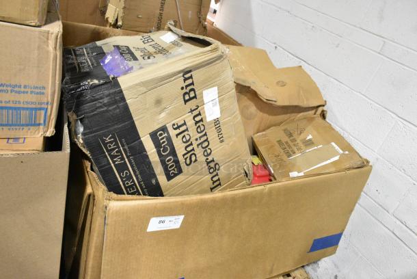 5 BRAND NEW SCRATCH AND DENT! Items Including 176IB20 Baker's Lane 12.6 Gallon / 200 Cup Clip-In Shelf Ingredient Bin with Flip Lid, Label Sheet, and Scoop, 164SEATRDWAL Lancaster Table & Seating Alloy Series Walnut Wood Seat for Alloy Chairs, 214500LCDRD Cambro 500LCD158 Camtainers® 4.75 Gallon Hot Red Insulated Beverage Dispenser. 5 Times Your Bid! - Image 1 of 5