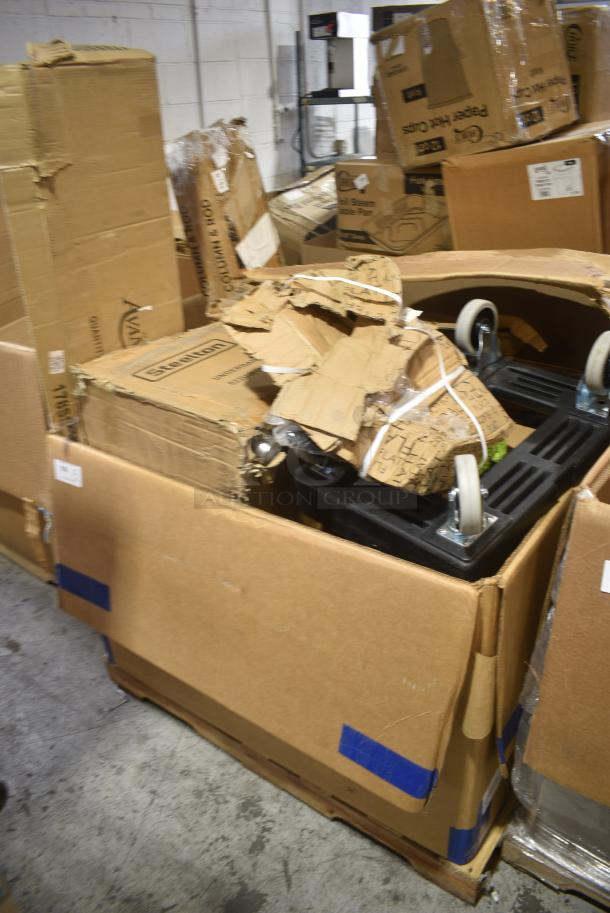 8 BRAND NEW SCRATCH AND DENT! Items Including 164TCOLROD3 Lancaster Table & Seating 37 1/2" Bar Height Table Base Column and Rod, 522UIB1836 Steelton 18" x 36" Underbar Ice Bin with Bottle Holders - 119 lb., Cambro CD160110 Black Camdolly for Cambro Camcarriers, 6000SM242412 Sink, Avantco 178SSDOS6012 Stainless Steel Double Deck Overshelf - 12" x 60". 8 Times Your Bid! - Image 1 of 8