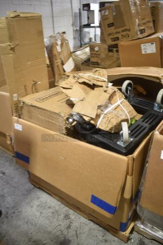 8 BRAND NEW SCRATCH AND DENT! Items Including 164TCOLROD3 Lancaster Table & Seating 37 1/2" Bar Height Table Base Column and Rod, 522UIB1836 Steelton 18" x 36" Underbar Ice Bin with Bottle Holders - 119 lb., Cambro CD160110 Black Camdolly for Cambro Camcarriers, 6000SM242412 Sink, Avantco 178SSDOS6012 Stainless Steel Double Deck Overshelf - 12" x 60". 8 Times Your Bid!