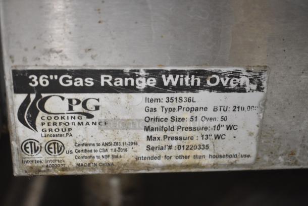 Cooking Performance Group CPG 351S36L Stainless Steel Commercial Propane Gas Powered 6 Burner Range w/ Oven and Back Splash. 210,000 BTU. - Image 8 of 9