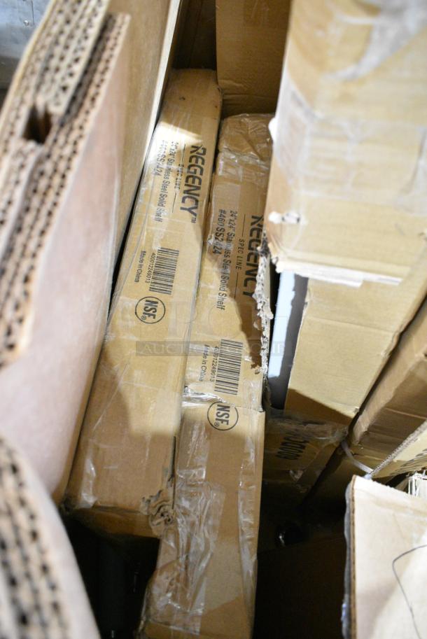 10 BRAND NEW SCRATCH AND DENT! Items Including Regency 600DOS1860 Stainless Steel Double Deck Overshelf - 18" x 60" x 32", 522ETSG3036 Steelton 30" x 36" 18 Gauge 430 Stainless Steel Work Table with Undershelf, 2 Regency 460SS2424 Spec Line 24" Wide NSF Stainless Steel Solid Shelf. 10 Times Your Bid! - Image 7 of 8
