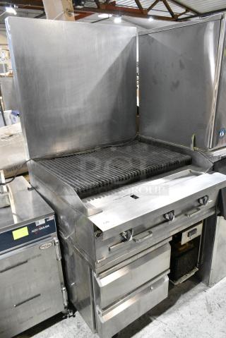 Southbend Stainless Steel Commercial Gas Powered Charbroiler Grill w/ 2 Drawer Chef Base and Back Splash on Commercial Casters. Tested and Powers On But Does Not Get Cold