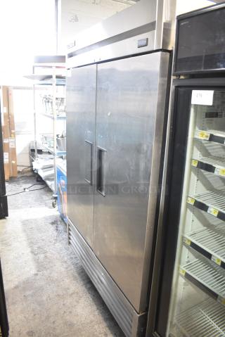 2019 True T-49F-HC Stainless Steel Commercial 2 Door Reach In Freezer w/ Poly Coated Racks on Commercial Casters. 115 Volts, 1 Phase. Tested and Working!