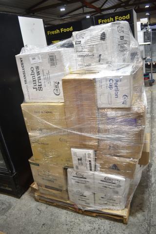 28 BRAND NEW SCRATCH AND DENT! Items Including 130BKSPOONWX Choice Black Extra Heavy Weight Wrapped Polystyrene Plastic Teaspoon - 1000/Case, 127P100C Choice 1 oz. Clear Plastic Souffle Cup / Portion Cup - 2500/Case, 485UJ7TN Choice 7 3/4" Jumbo Clear Unwrapped Straw - 12000/Case, 127CH08 Choice 8 oz. Clear RPET Tall Hinged Deli Container - 200/Case, 433BR1852SACK Choice 1/8 52 lb. Brown Paper Barrel Sack - 500/Case, 612P527 Choice 7" Clear Round Plastic Dome Lid - 500/Case, 346BKFSNM Choice Medium Weight Black Wrapped Polypropylene Plastic Cutlery Set with Napkin - 250/Case, 612LOB4LBCO Choice 4 lb. Oblong Foil Take-Out Container with Board Lid - 100/Case, 795PTOWHT T-Out 6x5x3 Paper WHT 300, 394345M Noble NexGen Powder-Free Disposable Black Hybrid 3 Mil Thick Gloves - Medium - 1000/Case. 28 Times Your Bid!