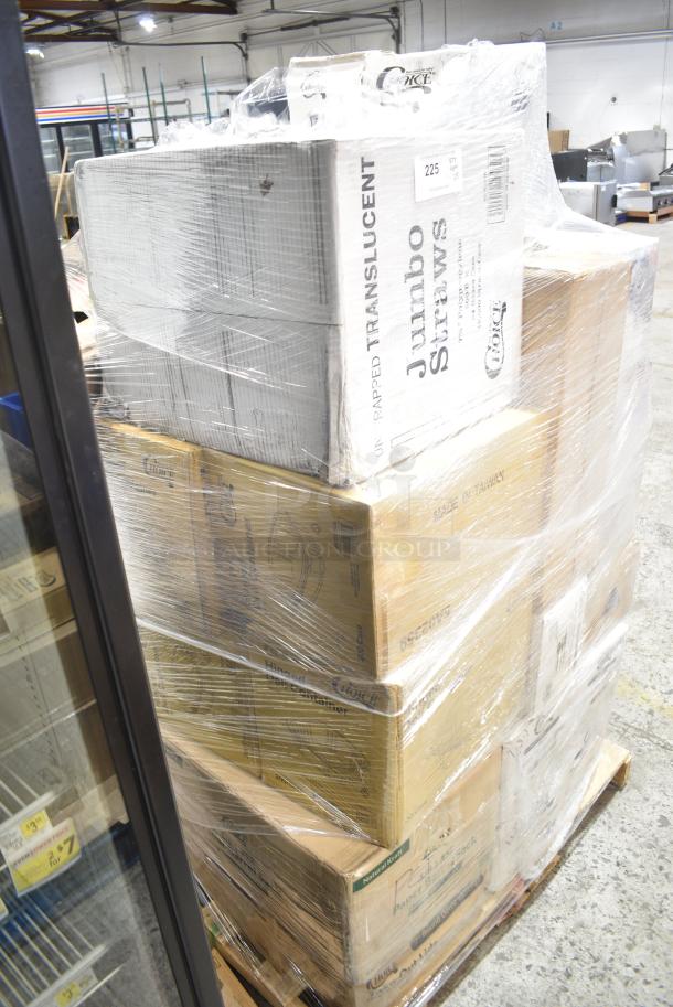 28 BRAND NEW SCRATCH AND DENT! Items Including 130BKSPOONWX Choice Black Extra Heavy Weight Wrapped Polystyrene Plastic Teaspoon - 1000/Case, 127P100C Choice 1 oz. Clear Plastic Souffle Cup / Portion Cup - 2500/Case, 485UJ7TN Choice 7 3/4" Jumbo Clear Unwrapped Straw - 12000/Case, 127CH08 Choice 8 oz. Clear RPET Tall Hinged Deli Container - 200/Case, 433BR1852SACK Choice 1/8 52 lb. Brown Paper Barrel Sack - 500/Case, 612P527 Choice 7" Clear Round Plastic Dome Lid - 500/Case, 346BKFSNM Choice Medium Weight Black Wrapped Polypropylene Plastic Cutlery Set with Napkin - 250/Case, 612LOB4LBCO Choice 4 lb. Oblong Foil Take-Out Container with Board Lid - 100/Case, 795PTOWHT T-Out 6x5x3 Paper WHT 300, 394345M Noble NexGen Powder-Free Disposable Black Hybrid 3 Mil Thick Gloves - Medium - 1000/Case. 28 Times Your Bid! - Image 2 of 21