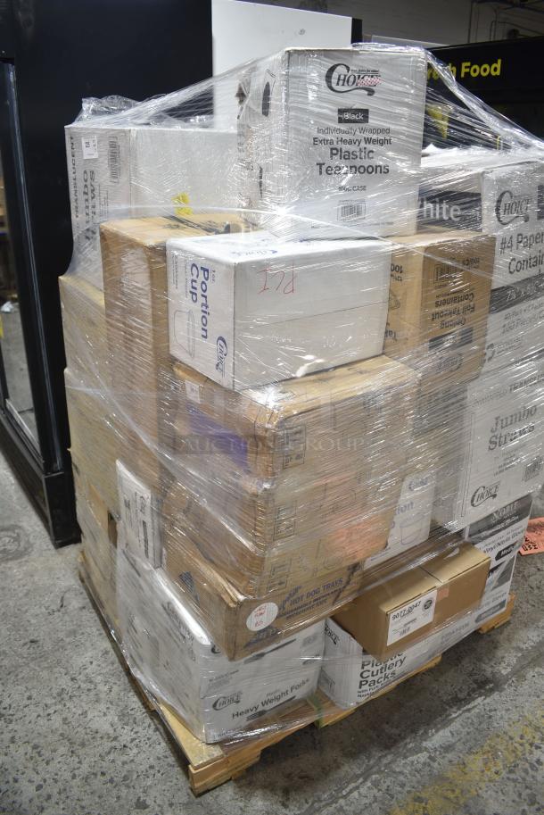 28 BRAND NEW SCRATCH AND DENT! Items Including 130BKSPOONWX Choice Black Extra Heavy Weight Wrapped Polystyrene Plastic Teaspoon - 1000/Case, 127P100C Choice 1 oz. Clear Plastic Souffle Cup / Portion Cup - 2500/Case, 485UJ7TN Choice 7 3/4" Jumbo Clear Unwrapped Straw - 12000/Case, 127CH08 Choice 8 oz. Clear RPET Tall Hinged Deli Container - 200/Case, 433BR1852SACK Choice 1/8 52 lb. Brown Paper Barrel Sack - 500/Case, 612P527 Choice 7" Clear Round Plastic Dome Lid - 500/Case, 346BKFSNM Choice Medium Weight Black Wrapped Polypropylene Plastic Cutlery Set with Napkin - 250/Case, 612LOB4LBCO Choice 4 lb. Oblong Foil Take-Out Container with Board Lid - 100/Case, 795PTOWHT T-Out 6x5x3 Paper WHT 300, 394345M Noble NexGen Powder-Free Disposable Black Hybrid 3 Mil Thick Gloves - Medium - 1000/Case. 28 Times Your Bid! - Image 3 of 21