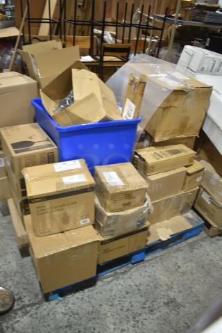 33 BRAND NEW SCRATCH AND DENT! Items Including AvaValley 34262596 Wood Shelf for WRC46 Wine Refrigerators, 17620STPEBAM Choice 20 oz. Amber Plastic Pebbled Tumbler - 12/Pack, Libbey Embassy 5.5 oz. Coupe Glass - 36/Case, 375CS90GBL GET CS-90-GBL Pottery Market 9" Matte Speckled Grayish Blue Melamine Coupe Dinner Plate - 12/Pack, 5535032SC Acopa Lore 26 oz. Fluted Glass Carafe with Cork Lid - 6/Case, 475SQ35BLREC WASTECAN 35 GAL SQUARE BLUE REC LAVEX, 772ASCLSA13 RAK Porcelain Classic Polaris 5" Bright White Porcelain Espresso Cup Saucer - 12/Case, 922CU30SS Choice Deluxe Stainless Steel 48 Cup Coffee Chafer Urn with Chrome Accents - 3 Gallon. 33 Times Your Bid!