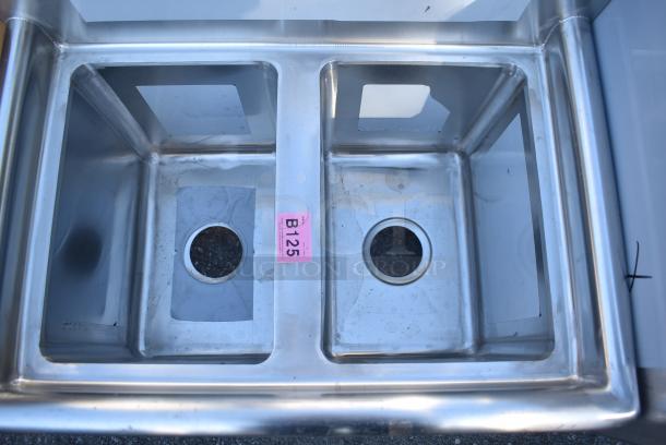 BRAND NEW SCRATCH AND DENT! Regency 600S21014 27" 16-Gauge Stainless Steel Two Compartment Commercial Sink with Galvanized Steel Legs and without Drainboard - 10" x 14" x 12" Bowls. No Legs. - Image 4 of 5