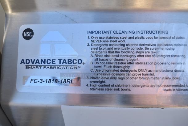 BRAND NEW SCRATCH AND DENT! Advance Tabco FC-3-1818-18RL Three Compartment Stainless Steel Commercial Sink with Two Drainboards - 90" Long, 18" x 18" x 14" Compartments - Image 9 of 9