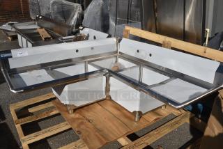 BRAND NEW SCRATCH AND DENT! Steelton 522S31818LRC 57" 18-Gauge Stainless Steel 3-Compartment Commercial Corner Sink with 2 Drainboards - 18" x 18" x 12" Bowls