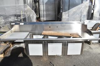 BRAND NEW SCRATCH AND DENT! Regency 600DDTS384LFT 16-Gauge 7' Soiled / Dirty Dish Table with 3-Compartment Sink - 16" x 20" x 14" Bowls - Left Drainboard
