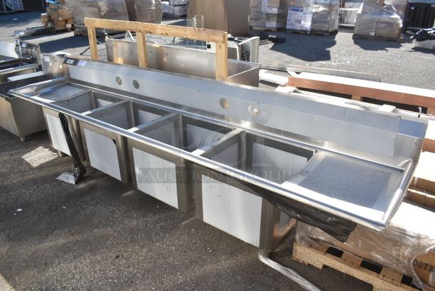 BRAND NEW SCRATCH AND DENT! Regency 600S41818218 94" 16 Gauge Stainless Steel Three Compartment Commercial Sink with Cross Bracing and 2 Drainboards - 18" x 18" x 14" Bowls. No Legs. - Image 1 of 8