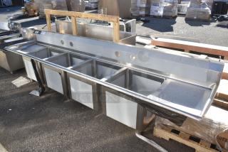 BRAND NEW SCRATCH AND DENT! Regency 600S41818218 94" 16 Gauge Stainless Steel Three Compartment Commercial Sink with Cross Bracing and 2 Drainboards - 18" x 18" x 14" Bowls. No Legs.