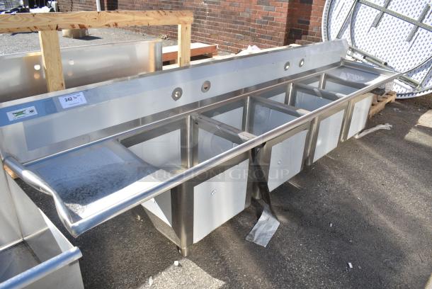 BRAND NEW SCRATCH AND DENT! Regency 600S41818218 94" 16 Gauge Stainless Steel Three Compartment Commercial Sink with Cross Bracing and 2 Drainboards - 18" x 18" x 14" Bowls. No Legs. - Image 2 of 8