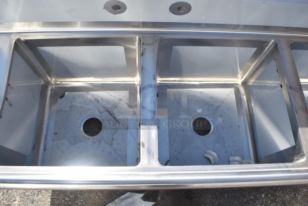 BRAND NEW SCRATCH AND DENT! Regency 600S41818218 94" 16 Gauge Stainless Steel Three Compartment Commercial Sink with Cross Bracing and 2 Drainboards - 18" x 18" x 14" Bowls. No Legs. - Image 4 of 8