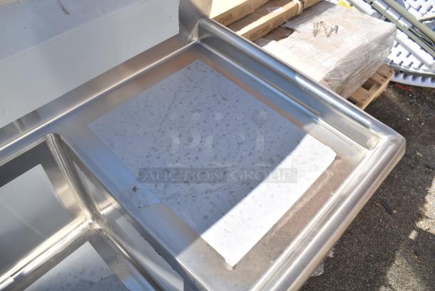 BRAND NEW SCRATCH AND DENT! Regency 600S41818218 94" 16 Gauge Stainless Steel Three Compartment Commercial Sink with Cross Bracing and 2 Drainboards - 18" x 18" x 14" Bowls. No Legs. - Image 6 of 8