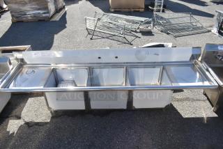 BRAND NEW SCRATCH AND DENT! Steelton 522CS31818LR 90" 18-Gauge Stainless Steel Three Compartment Commercial Sink with 2 Drainboards - 18" x 18" x 12" Bowls. No Legs.