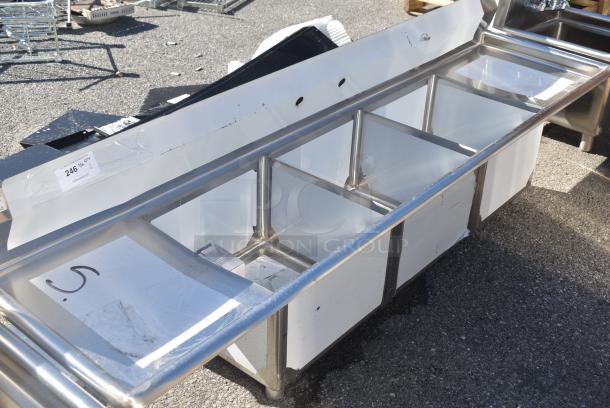 BRAND NEW SCRATCH AND DENT! Steelton 522CS31818LR 90" 18-Gauge Stainless Steel Three Compartment Commercial Sink with 2 Drainboards - 18" x 18" x 12" Bowls. No Legs. - Image 2 of 8
