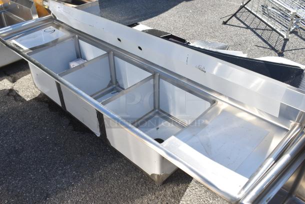 BRAND NEW SCRATCH AND DENT! Steelton 522CS31818LR 90" 18-Gauge Stainless Steel Three Compartment Commercial Sink with 2 Drainboards - 18" x 18" x 12" Bowls. No Legs. - Image 3 of 8