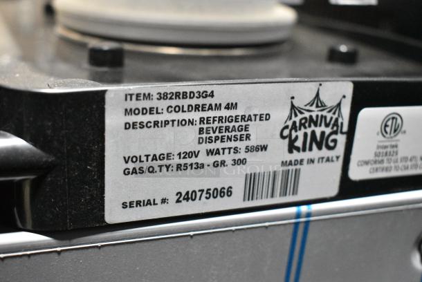 BRAND NEW SCRATCH AND DENT! 2024 Carnival King COLDREAM 4M 382RBD3G4 Quadruple 3 Gallon Bowl Refrigerated Beverage Dispenser. Missing 1 Hopper. Tested and Powers On But Does Not Get Cold - Image 8 of 8