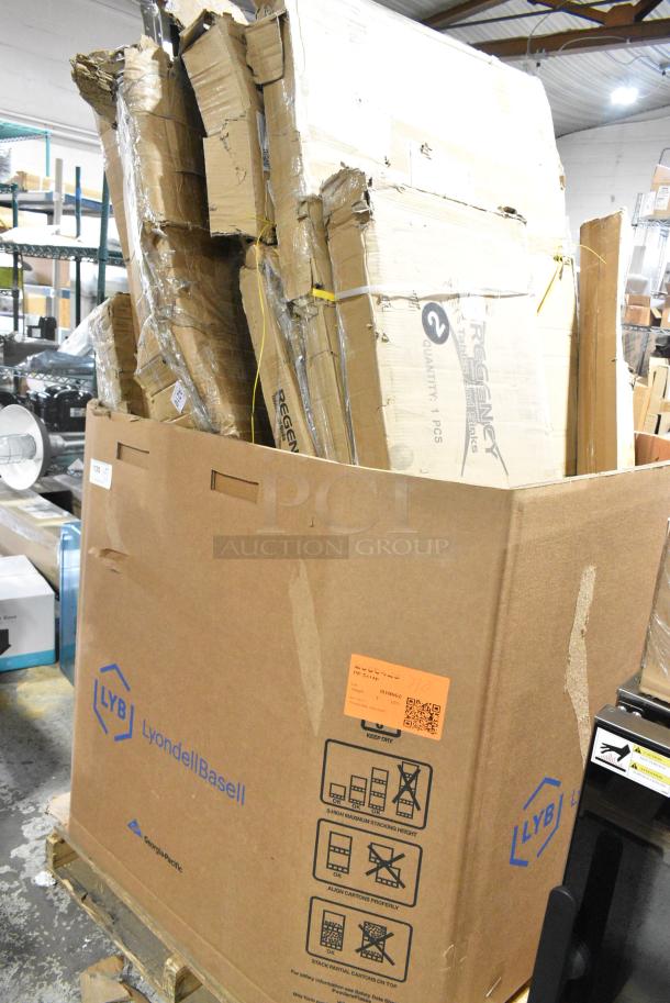 12 BRAND NEW SCRATCH AND DENT Items Including 600TSB3048S Regency 30" x 48" 16-Gauge Stainless Steel Commercial Work Table with 4" Backsplash and Undershelf, 427SM3636VE Lancaster Table & Seating Excalibur 36" x 36" Square Table Top with Smooth Versilla Finish, 460EB2448 Regency 24" x 48" NSF Black Epoxy Wire Shelf, 34930RBBVIN Lancaster Table & Seating 30" Round Wood Butcher Block Table Top with Vintage Finish, 600DOS1848 Regency Stainless Steel Double Deck Overshelf - 18" x 48" x 32", 600T3072G Regency 30" x 72" 18-Gauge 304 Stainless Steel Commercial Work Table with Galvanized Legs and Undershelf, 712B5548 Steelton Stainless Steel Single Tier Speed Rail - 48". 12 Times Your Bid! - Image 1 of 11